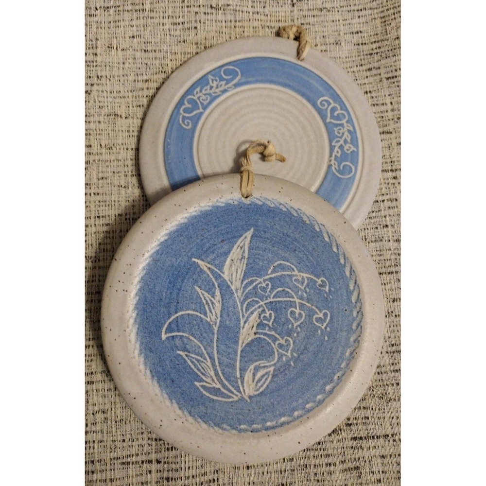 Lot of 2 - Art Pottery Trivets Wall Hanger Bun Warmer Floral Heart Artist Signed